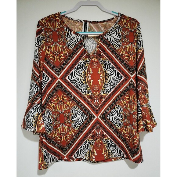 Divide By Zero Womens Tunic Top L Rusty Brown 3/4 Sleeve Split-Neck Made in USA - Picture 1 of 7